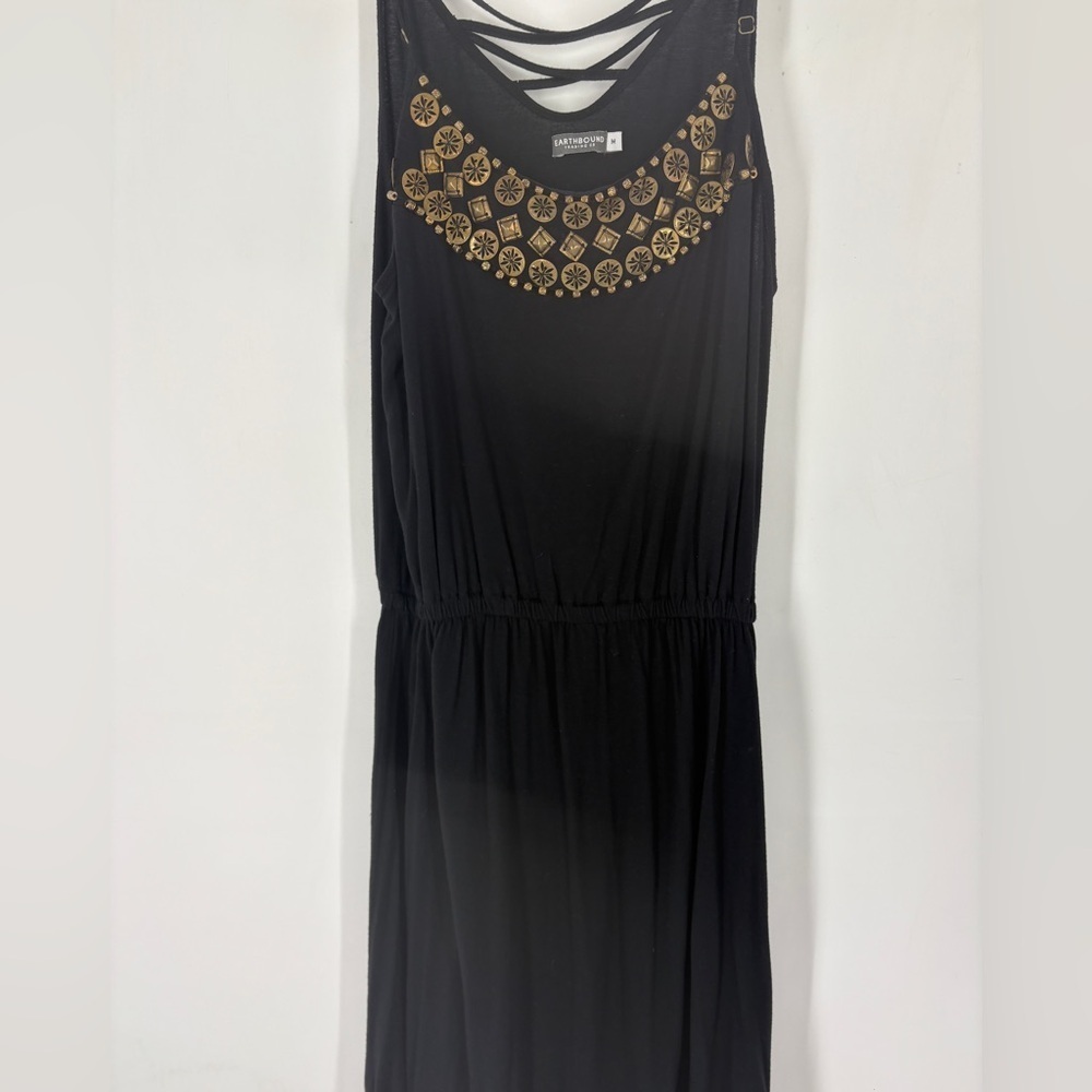 Earthbound Black Viscose Dress W/ Gold Accent Elastic Waist -Size medium - Picture 2 of 9